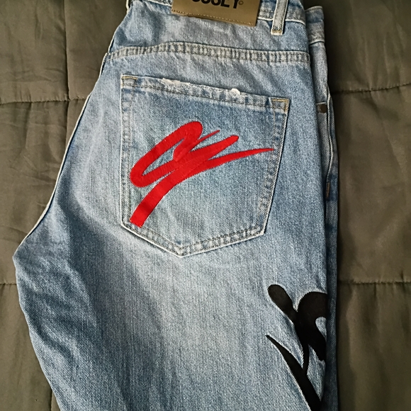 Blue Jeans with Red and Black Design - Picture 1 of 2